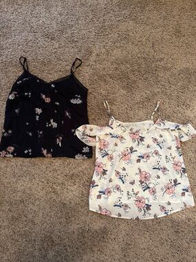 Black Floral Lace Trim Cami & White Pink Floral Cold-Shoulder Cami Set